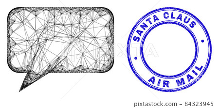 Scratched Santa Claus Air Mail Stamp and Linear Irregular Mesh Message Cloud Icon 84323945