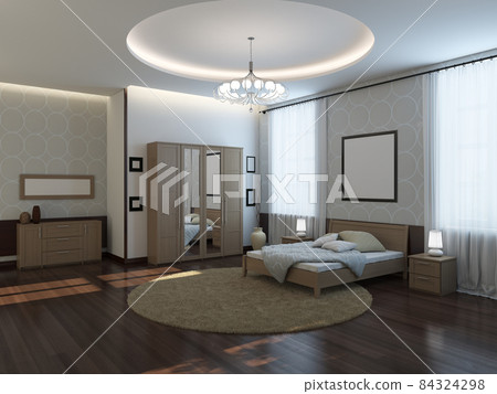 Modern Bright Bedroom Interior with Bed, Wardrobe with Mirror, Bedside Tables, Round Carpet, Dark Parquet Floor and Empty Frames on the Walls. 3D Illustration, 7680x5760 84324298