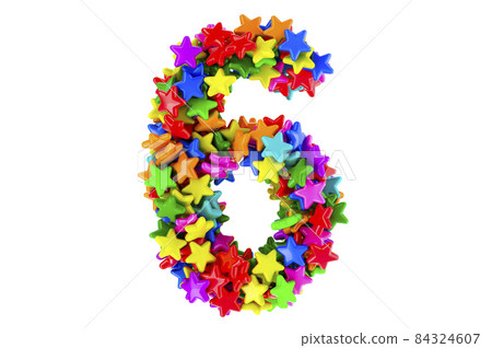 Number 6 from colored stars, 3D rendering 84324607