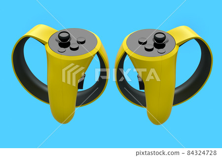Virtual reality yellow controllers for online and cloud gaming on blue background. 3D rendering of device for augmented reality or VR Virtual reality yellow controllers for online and cloud gaming on blue background. 3D rendering of device for augmented reality or VR 84324728