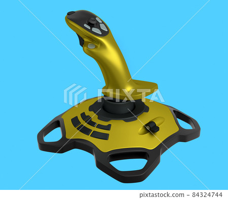 Realistic yellow joystick for flight simulator isolated on blue background. 3D rendering of streaming gear for cloud gaming or gamer workspace concept 84324744