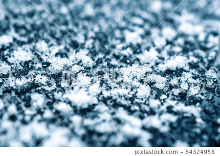 Frosting macro. Cold snow winter background. Blue crystal frozen abstract pattern. White frost ice texture. 84324958