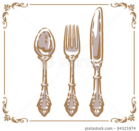 銀色餐具。古董餐具。矢量插圖素材 84325974