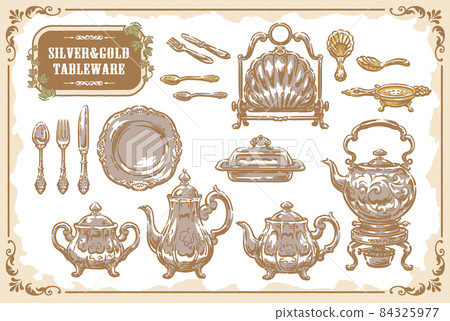 Silverware, silverware. Antique accessory set. Vector illustration material Silverware, silverware. Antique accessory set. Vector illustration material 84325977
