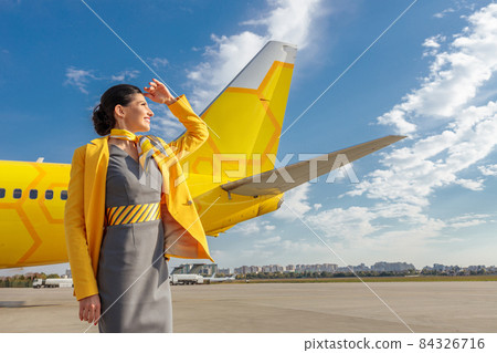 Cheerful woman stewardess standing near plane at airport 84326716