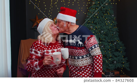 Senior grandmother, grandmother enjoying pleasant Christmas conversation, drinking hot tea at home Senior grandmother, grandmother enjoying pleasant Christmas conversation, drinking hot tea at home 84327608