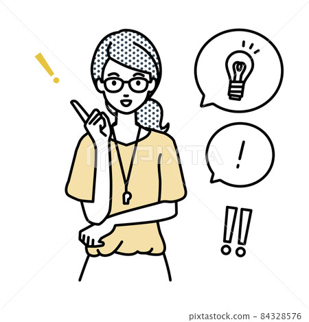 一組燈泡和氣球上的感嘆號，一個站起來想出一個好主意的女教師 84328576