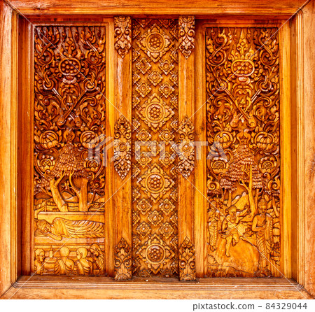 Carved wooden window beautiful island 84329044