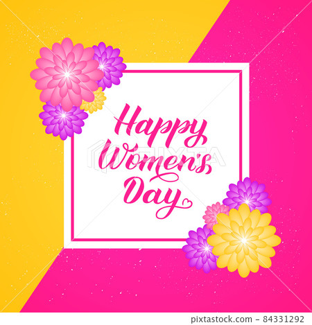 Happy Women s Day calligraphy lettering with colorful spring flowers. Origami paper cut style vector illustration. International womens day greeting cards, party invitations, poster, banner,etc. Happy Women s Day calligraphy lettering with colorful spring flowers. Origami paper cut style vector illustration. International womens day greeting cards, party invitations, poster, banner,etc. 84331292