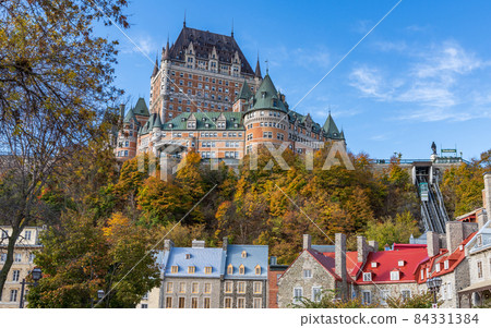 Quebec City Old Town in autumn season. Text in French is "Funicular". 84331384