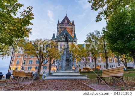 Quebec, Canada - October 20 2021 : Fairmont Le Chateau Frontenac sunset time view. Quebec City Old Town in autumn dusk. 84331390