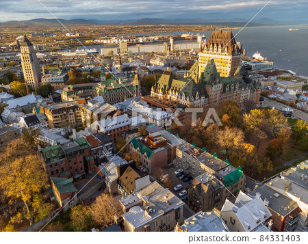 Aerial view of Quebec City Old Town in the fall season sunset time. Aerial view of Quebec City Old Town in the fall season sunset time. 84331403
