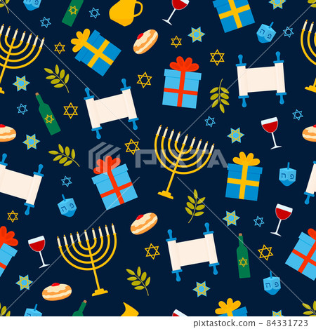 Hanukkah seamless pattern with traditional Jewish symbols dreidel, Menorah candle, jar, star of david, etc . Jewish vector background. Template for greeting card, fabric, textile, scrapbooking, etc Hanukkah seamless pattern with traditional Jewish symbols dreidel, Menorah candle, jar, star of david, etc . Jewish vector background. Template for greeting card, fabric, textile, scrapbooking, etc 84331723