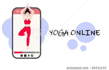 Yoga classes online, at home. A pretty Asian girl shows an asana on the smartphone screen. Yoga training via the Internet. Vector illustration. Yoga classes online, at home. A pretty Asian girl shows an asana on the smartphone screen. Yoga training via the Internet. Vector illustration. 84332235