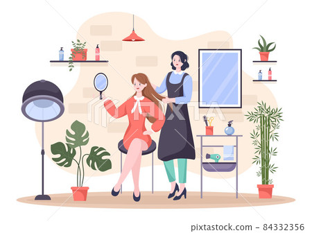 Hairdresser beauty Salon Flat Design Vector Illustration with Costumer for Haircuts, Coloring and Hairstyles 84332356