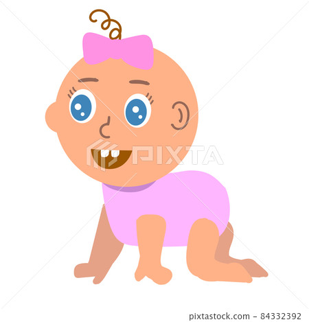 Cute baby girl dressed in pink crawling and smiling Cute baby girl dressed in pink crawling and smiling 84332392