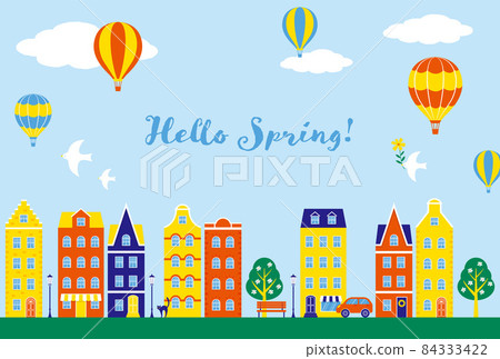 Background material for illustrations of a city with balloons floating in the sky and colorful houses and shops 84333422