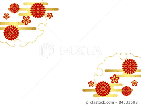日本紙風格日本花和金箔雲框水平 日本紙風格日本花和金箔雲框水平 84333598