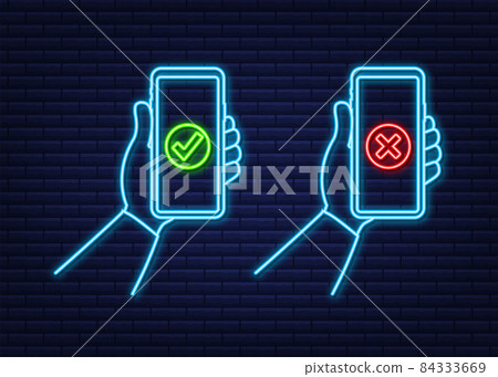 Hands holding smartphones with checkmarks set. Tick and cross check marks. Vector stock illustration 84333669