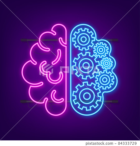 Brain. Digital brain in hand. Neural network. IQ testing. Brainstorm think idea neon sign. Vector stock illustration. 84333729