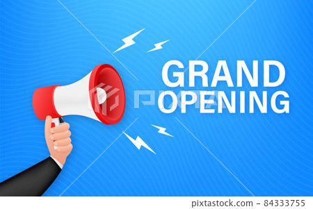 Megaphone label with grand opening. Megaphone banner. Web design. Vector stock illustration 84333755