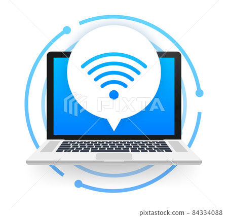 Wireless technology. Wifi internet connection on laptop screen. Vector stock illustration. Wireless technology. Wifi internet connection on laptop screen. Vector stock illustration. 84334088