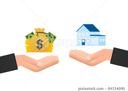 Hand holds house and key on finger and giving. Real estate agent at work, investment, mortgage, house loan, account. Hand holds house and key on finger and giving. Real estate agent at work, investment, mortgage, house loan, account. 84334090