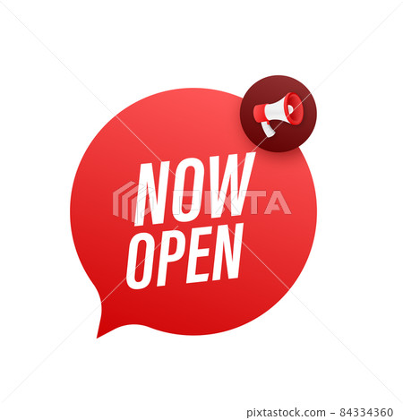 Megaphone with now open. Megaphone banner. Web design. Vector stock illustration Megaphone with now open. Megaphone banner. Web design. Vector stock illustration 84334360
