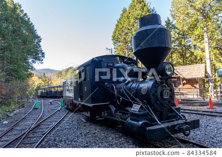 Baldwin steam locomotive exhibited in front of the Forest Railway Memorial Hall in Agematsu Town, Nagano Prefecture 84334584