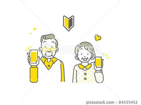 智能手機微笑老年夫婦簡單時尚的線條畫插圖 84335452