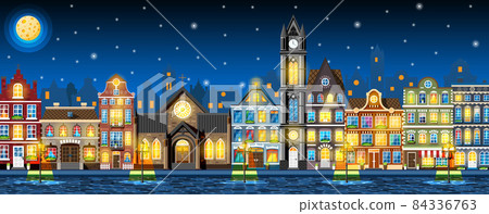 Traditional European Town in Night. Traditional European Town in Night. 84336763