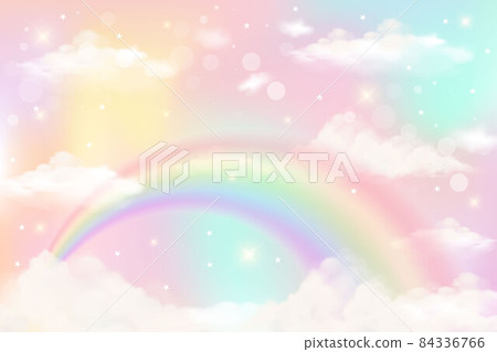 Holographic fantasy rainbow unicorn background with clouds. Pastel color sky. Magical landscape, abstract fabulous pattern. Cute candy wallpaper. Vector. Holographic fantasy rainbow unicorn background with clouds. Pastel color sky. Magical landscape, abstract fabulous pattern. Cute candy wallpaper. Vector. 84336766
