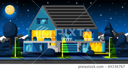 Landscape with Residential Cottage in Night. Landscape with Residential Cottage in Night. 84336767