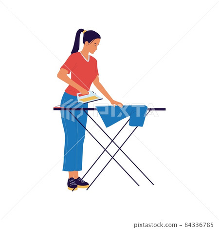 Woman ironing clothes. Female character doing household chores. Isolated standing maid with electrical iron and board. Housekeeping activity. Girl taking care of laundry. Vector housework Woman ironing clothes. Female character doing household chores. Isolated standing maid with electrical iron and board. Housekeeping activity. Girl taking care of laundry. Vector housework 84336785