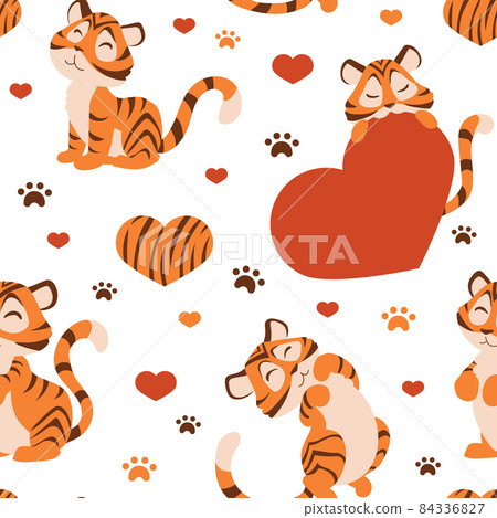 Tiger pattern. Seamless stripped wild animal texture for greeting cards, wallpaper and wrapping paper. Paw footprints and hearts. 2022 year cat character. Vector funny kitten mascot print 84336827