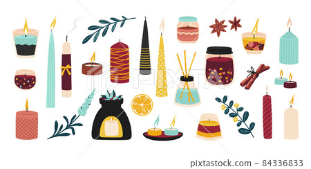 Cozy candles. Aromatic wax candlelight in jars. Candlesticks with cinnamon and anis for romantic evening, spa and relaxation. Aroma lamps and scented plants. Vector interior elements set Cozy candles. Aromatic wax candlelight in jars. Candlesticks with cinnamon and anis for romantic evening, spa and relaxation. Aroma lamps and scented plants. Vector interior elements set 84336833