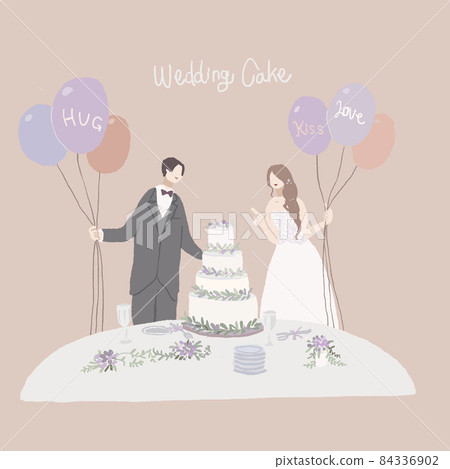 Bride and groom with wedding cake and balloons, first bite B Bride and groom with wedding cake and balloons, first bite B 84336902