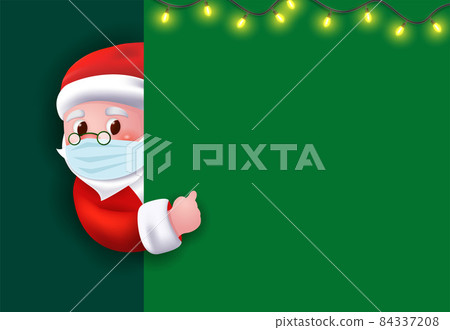Christmas background. Santa Claus wearing face mask with big signboard. Christmas background. Santa Claus wearing face mask with big signboard. 84337208