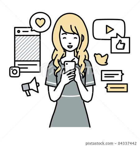 A female beauty salon clerk who stands up and interacts happily on various SNS with a smartphone 84337442