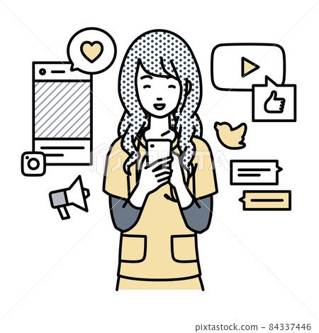 A nurse woman who stands up and interacts happily on various SNS on her smartphone A nurse woman who stands up and interacts happily on various SNS on her smartphone 84337446
