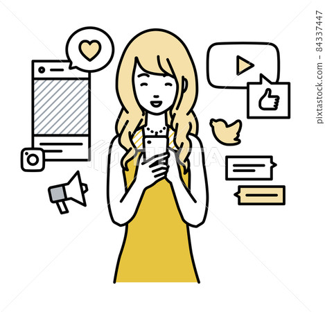 A woman in a dress who stands up and enjoys interacting with various SNS on her smartphone 84337447