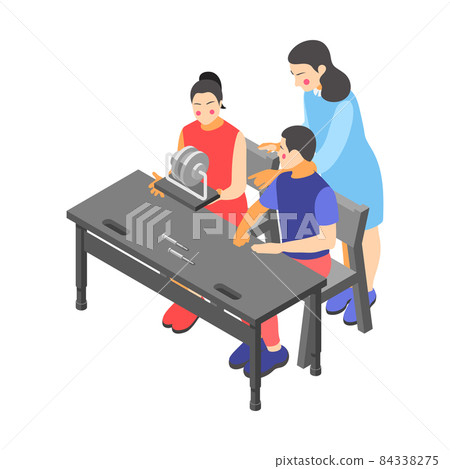 Children technical training centers isometric compositions set with robotic control systems programming science classes isolated vector illustration 84338275