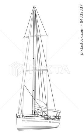 Outline of a yacht with a sail of black lines isolated on a white background. Perspective view. 3D. Vector illustration Outline of a yacht with a sail of black lines isolated on a white background. Perspective view. 3D. Vector illustration 84338337