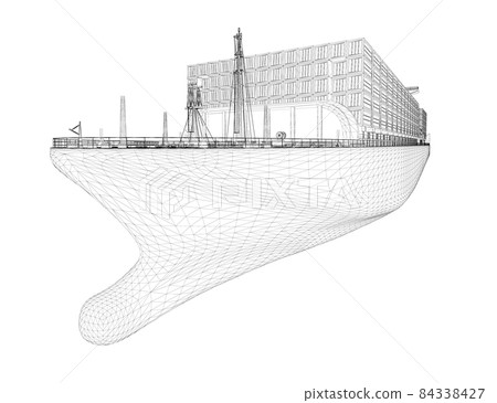 Large ship wireframe with containers from black lines isolated on white background. Perspective view. 3D. Vector illustration 84338427