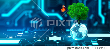 Tree growing on crystal globe. Digital Convergence and and Technology Convergence. Blue light, binary and network background. Green Computing, Green Technology, Green IT, csr, and IT ethics Concept. 84339415