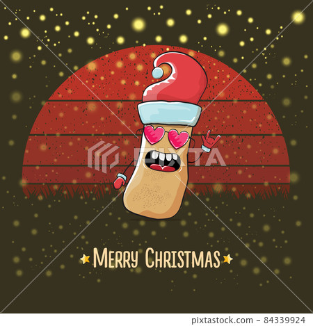 vector funky comic cartoon cute smiling Santa Claus potato with red Santa hat and cartoon merry Christmas text isolated on vintage red background with sun. Childrens Christmas card with funny Santa vector funky comic cartoon cute smiling Santa Claus potato with red Santa hat and cartoon merry Christmas text isolated on vintage red background with sun. Childrens Christmas card with funny Santa 84339924