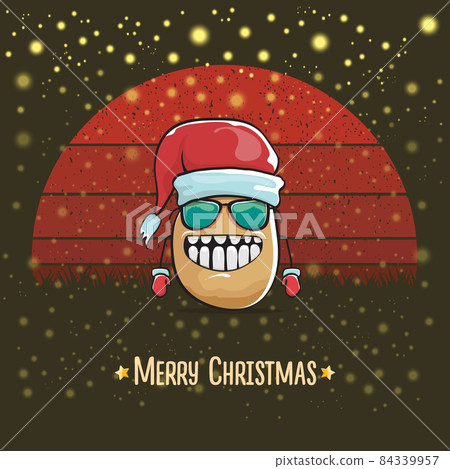 vector funky comic cartoon cute smiling Santa Claus potato with red Santa hat and cartoon merry Christmas text isolated on vintage red background with sun. Childrens Christmas card with funny Santa 84339957