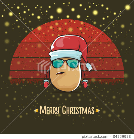 vector funky comic cartoon cute smiling Santa Claus potato with red Santa hat and cartoon merry Christmas text isolated on vintage red background with sun. Childrens Christmas card with funny Santa vector funky comic cartoon cute smiling Santa Claus potato with red Santa hat and cartoon merry Christmas text isolated on vintage red background with sun. Childrens Christmas card with funny Santa 84339958