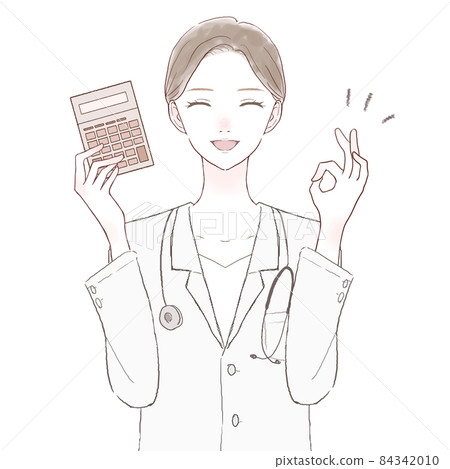 A female doctor who holds a calculator and gives an OK sign 84342010