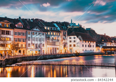 beautiful historic city center of Lucerne with famous buildings and lake Lucerne (Vierwaldstattersee), Canton of Lucerne, Switzerland 84342244